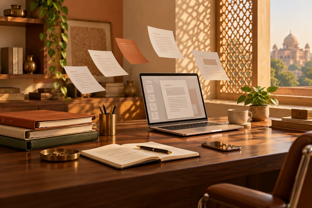 Indian business office worktable with organized document folders and laptop