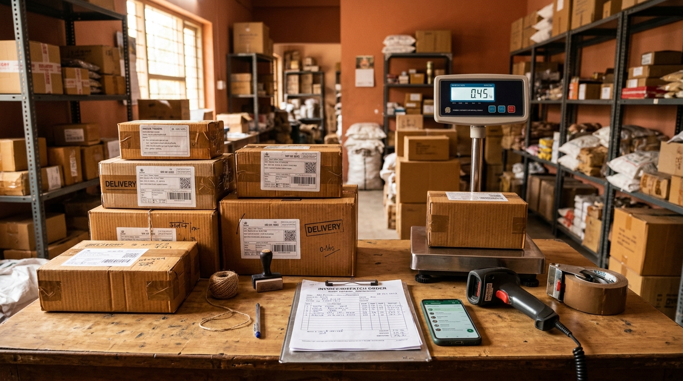 Indian trading distribution and dispatch counter with parcels and scanner