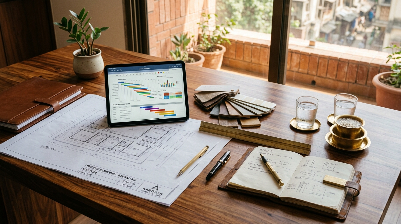 Indian business strategy and architectural planning desk with blueprints and notes