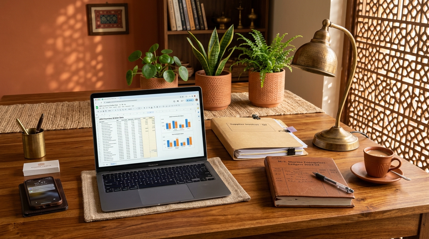 Organized modern Indian small-business worktable with laptop and files