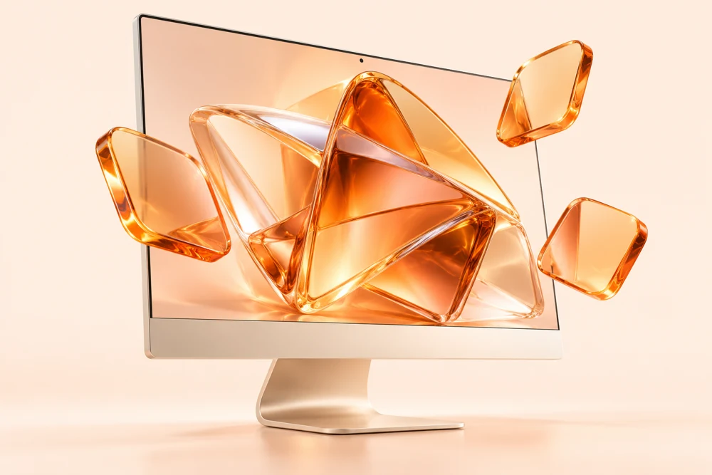 Concept illustration of an ivory desktop with amber glass specialist tiles