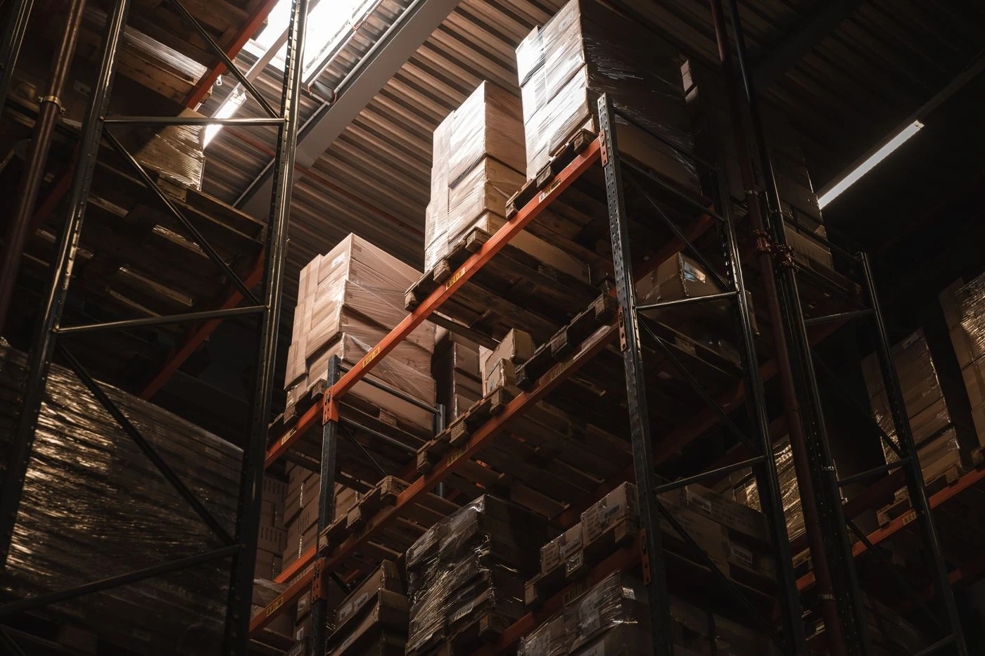 Warehouse stock and shelves; illustrative stock photograph
