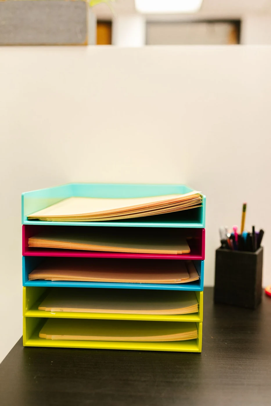 Documents in a paper tray; illustrative stock photograph